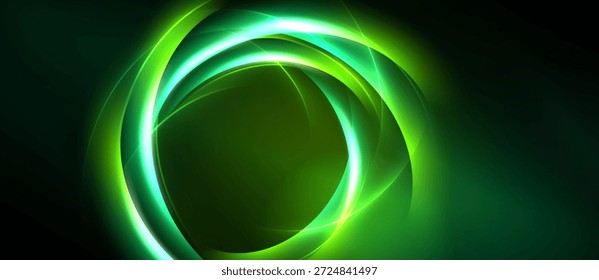 Abstractas círculos de luz verde irradian desde el centro. El fondo oscuro crea un efecto visual dramático. Elemento de diseño moderno.