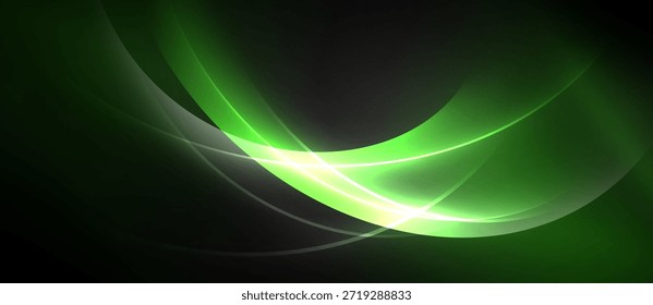 Abstractas curvas de luz verde fluyen a través del fondo oscuro. El resplandor brillante emana del punto central, creando un efecto visual dinámico.