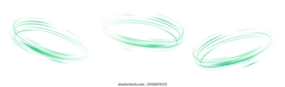 Abstractas efecto de luz verde sobre fondo blanco. Líneas verdes dinámicas con efecto resplandor. Efecto de luz giratoria para el diseño de juegos y publicidad. Vector de stock