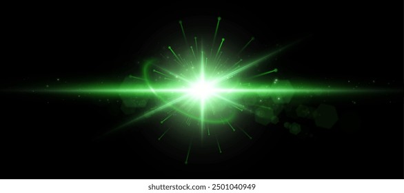 Abstract green light effect PNG with glare and sparkles particle explosion effect on black background. Vector 10 EPS