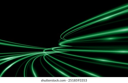 Abstract green light fast speed curve dynomic motion on black background vector illustration.