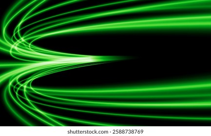Abstract green light fast speed curve dynamic motion on black background vector illustration.