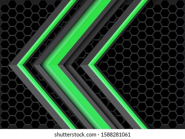 Abstract green light grey arrow direction on dark metallic hexagon mesh design modern futuristic technology background vector illustration.