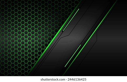 Abstract green light hexagon mesh dark grey metallic black line cyber geometric slash design modern technology futuristic creative background vector illustration.