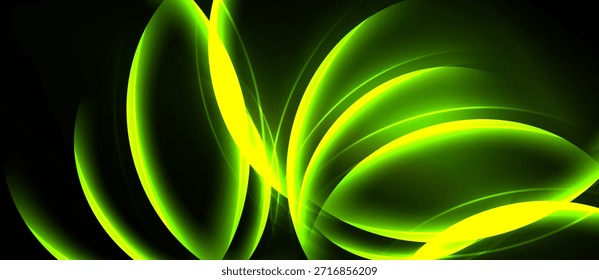 As formas abstratas de luz verde se sobrepõem, criando um fluxo dinâmico de energia. Curvas suaves sugerem movimento, profundidade dentro da escuridão.