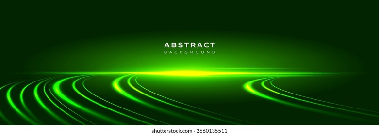 Abstract green light speed lines background in a futuristic style. Horizontal vector. Road lines, communication, and high-speed data flow for digital applications, covers, and presentations.
