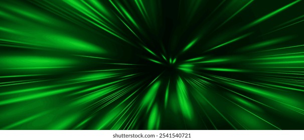 Zoom Abstractas de velocidad de luz verde sobre fondo negro Ilustración vectorial de tecnología.