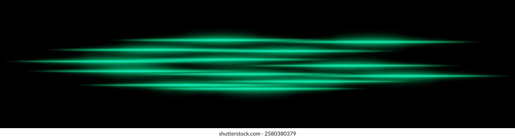 Abstract green light streaks background. Glowing horizontal lines with motion blur effect on a dark backdrop. Futuristic speed, energy flow, laser beams, and technology concept.