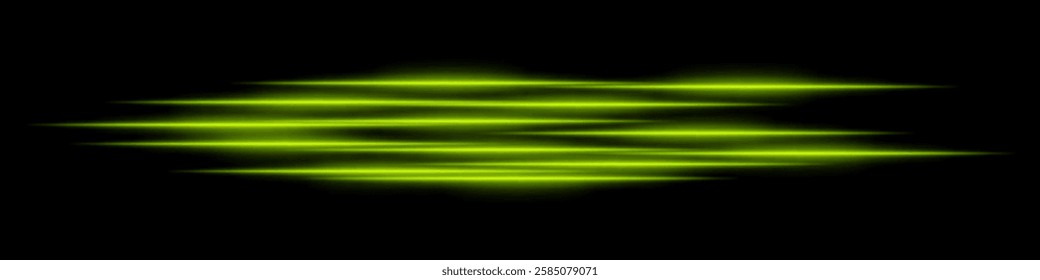 Abstract green light streaks background. Glowing horizontal lines with motion blur effect on a dark backdrop. Futuristic speed, energy flow, laser beams, and technology concept.