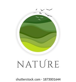 Abstract green logo vector icon, sign organic technology food and cosmetology.Design template symbol eco bio engineering, natural product. Illustration with nature Green wave background hill landscape