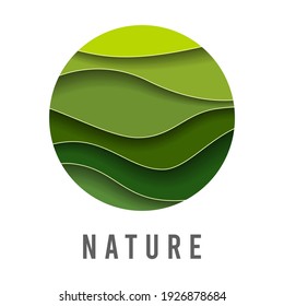 Abstract green logo vector icon, sign organic technology food and cosmetology.Design template symbol eco bio engineering, natural product. Illustration with nature Green wave background hill landscape