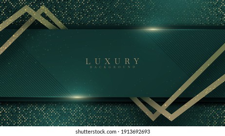 Abstract green luxury background with golden line on dark , Realistic paper cut style 3d. vector illustration.