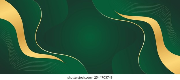 Abstract green luxury banner background with gold lines. Elegant wave modern wallpaper. Suitable for templates, banners, sales, ads, events, awards, web pages, and headers