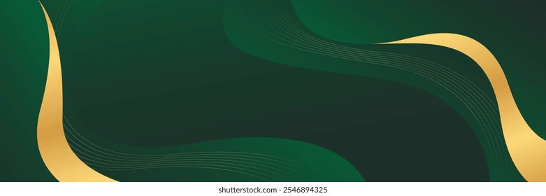 Abstract green luxury banner background with gold lines. Elegant wave modern wallpaper. Suitable for templates, banners, sales, ads, events, awards, web pages, and headers