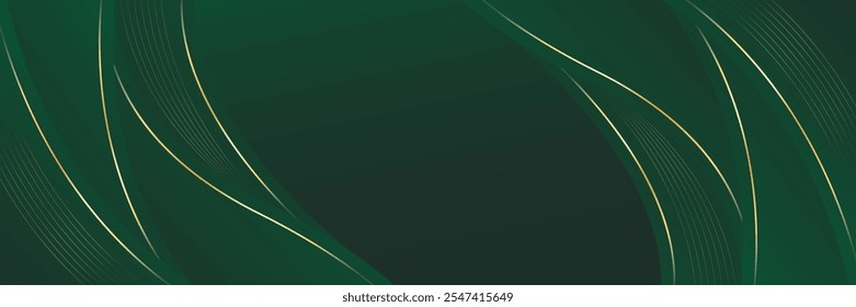 Fundo de banner de luxo verde abstrato com linhas de ouro. Elegante onda papel de parede moderno. Adequado para modelos, banners, vendas, anúncios, eventos, prêmios, páginas da Web e cabeçalhos