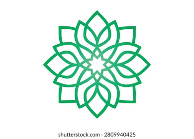 An abstract green mandala vector graphic featuring intricate symmetrical line art shaped like a blossoming lotus flower. This clean geometric design element is isolated on a plain white background creating a peaceful spiritual aesthetic for modern branding.