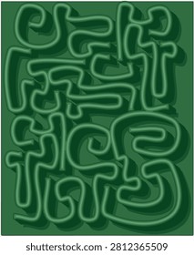 Abstract green maze vector illustration. 3D labyrinth puzzle background, creative pathway concept on dark green backdrop for gaming and logic designs
