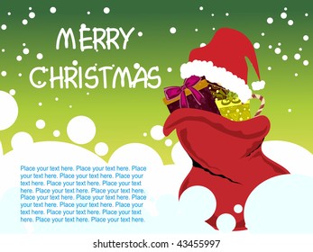 abstract green merry christmas background with santa bag with gifts, cap