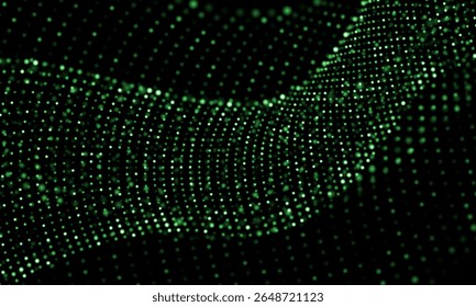 La curva de onda de partículas de malla verde Abstractas se superpone a la red de tecnología digital sobre fondo negro Ilustración vectorial.
