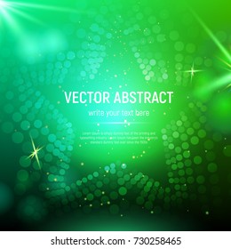 Abstract green mesh star background with circles, lens flares and glowing reflections. Vector illustration.
