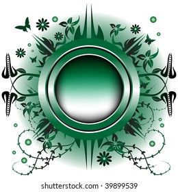 Abstract green metallic summer frame with various flower shapes and small butterflies