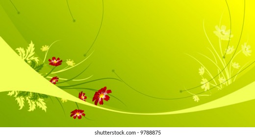 Abstract green modern background with waves and flowers