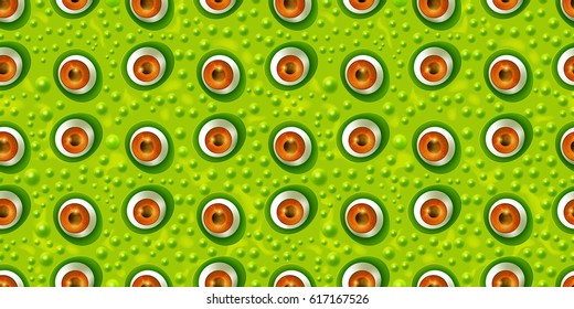 Abstract green monster eye seamless pattern in cartoon style. Surrealism background. Eyeballs background for Halloween. Vector illustration