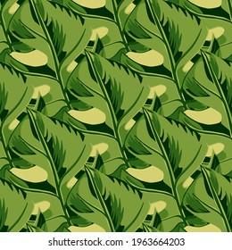 Abstract green monstera leaf ornament seamless doodle pattern. Tropic foliage print. Dark background. Perfect for fabric design, textile print, wrapping, cover. Vector illustration.