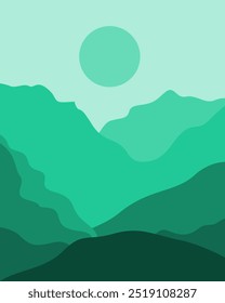 Arte de montanha verde abstrata com sol para decoração de parede, ilustração de uma paisagem de montanha