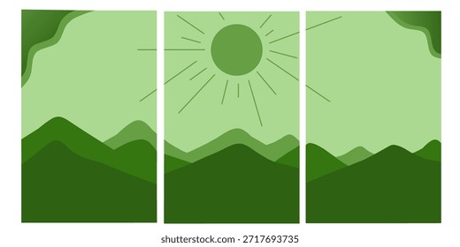 Abstract green mountain poster, boho nature art. Green nature wallpaper collection set.