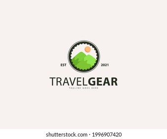 Abstract green mountain and sun in circle logo design concept. travelling creative logo. adventure design concept.