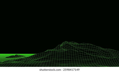 Abstract green mountains on background. 3D topography map of terrain planet Earth. Vector grid landscape with lines and dots. Cyber perspective network of the wave terrain. Concept digital topographic