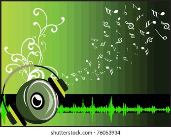 abstract green musical notes, floral background with vinyl and headphone