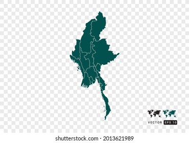 Resumen del mapa verde de Myanmar. Diseño de fondo transparente vectorial.