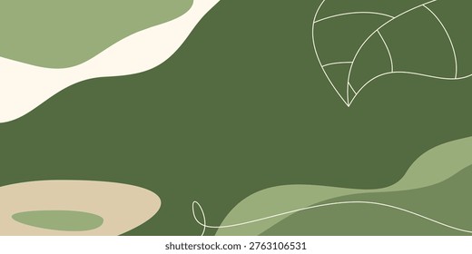 Abstract Green Nature Background with Organic Shapes and Minimal Line Art Botanical Elements