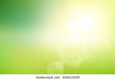 Abstract green nature gradient blurred background with sunlight and flare. Spring summer. Ecology concept for your graphic design. Vector illustration.