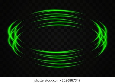 Abstract green neon light rings arranged in a circular, overlapping pattern on a transparent background. Ideal for futuristic, tech, or sci-fi themed designs.