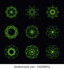 Abstract green neon shape, futuristic wavy fractal of star and circle collection. Vector square and other different decorative elements. Cool geometric illustration