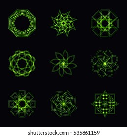 Abstract green neon shape, futuristic wavy fractal of star and circle collection. Vector square and other different decorative elements. Cool geometric illustration