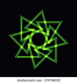 Abstract green neon shape, futuristic wavy fractal of star and circle sign. Vector square or decorative element. Cool geometric illustration