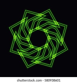 Abstract green neon shape, futuristic wavy fractal of star and circle sign. Vector square or decorative element. Cool geometric illustration