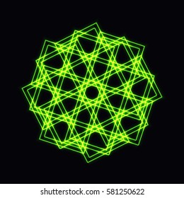Abstract green neon shape, futuristic wavy fractal of star and circle sign. Vector square or decorative element. Cool geometric illustration