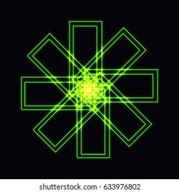 Abstract green neon shape, futuristic wavy fractal of star and circle sign. Vector square or decorative element. Cool geometric illustration