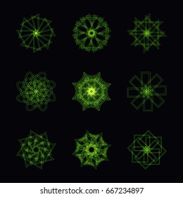 Abstract green neon shape, futuristic wavy fractal of star and circle collection. Vector square and other different decorative elements. Cool geometric illustration