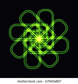 Abstract green neon shape, futuristic wavy fractal of star and circle sign. Vector square or decorative element. Cool geometric illustration