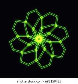 Abstract green neon shape, futuristic wavy fractal of star and circle sign. Vector square or decorative element. Cool geometric illustration