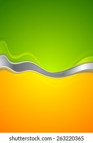 Abstract green and orange background. Vector design with metallic wave
