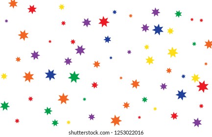 Abstract green, orange and blue stylish background of falling stars on white paper. Pattern for Christmas and New Year card, invitation for dinner, paper packaging. Vector illustration, EPS 10.