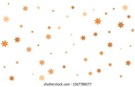Abstract green, orange and blue stylish background of falling stars on white paper. Pattern for Christmas and New Year card, invitation for dinner, paper packaging. Vector illustration, EPS 10.