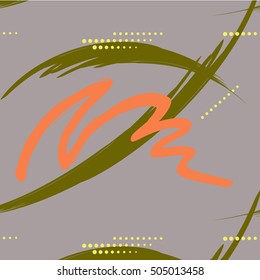 Abstract green and orange brush stroke with dashes and dots.Hand drawn with paint brush endless background.Modern hipster style design. Action speed decoration